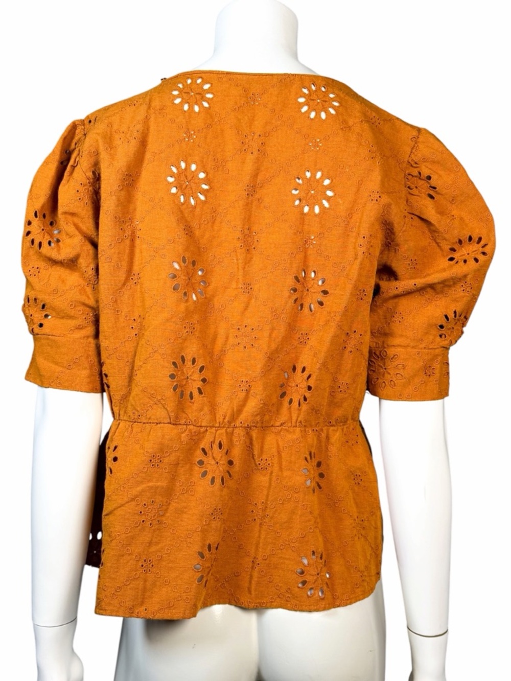 Zara Eyelet Peplum Blouse Mustard Puff Sleeve Wrap Top Medium - Picture 6 of 6